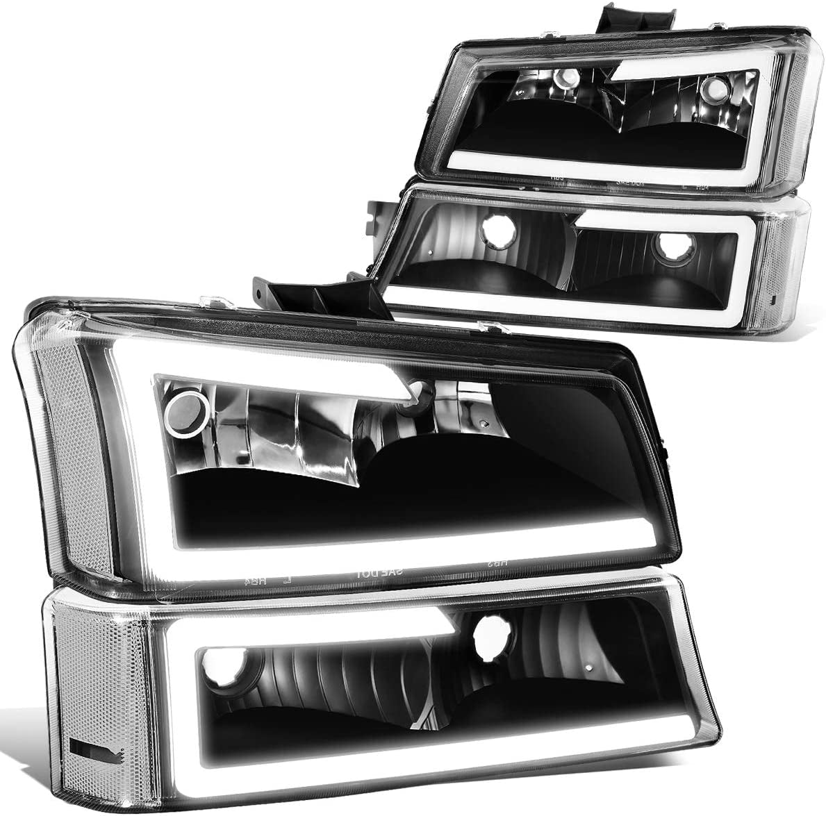 4PCS LED DRL Bumper Headlight Lamps Compatible with Chevy Silverado Avalanche 1500 2500 3500 03-07, Driver and Passenger Side, Black Housing Clear Corner