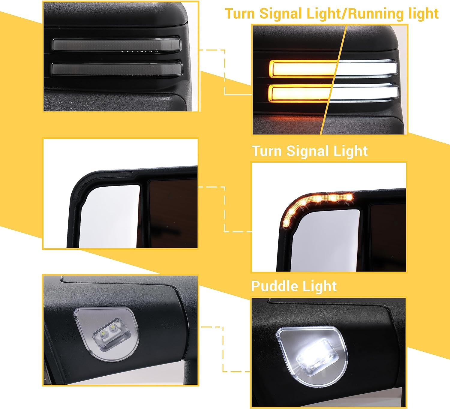 Dynamic Towing Mirrors Compatible with 2002-2008 Dodge Ram 1500, 2003-2009 Dodge Ram 2500 3500 with New Pattern Power Glass Heated Turn Signal Running Light Puddle Lamp Flipup Pair Set