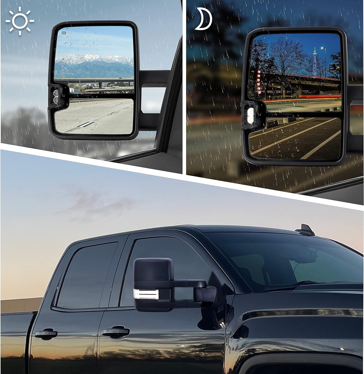 Switchback Towing Mirror for Silverado Sierra - 2007-2013 Chevy Silverado GMC Sierra Tow Mirror with Power Adjusted Heated Glass Running Light Turn Signal Light Backup Lamp Chrome