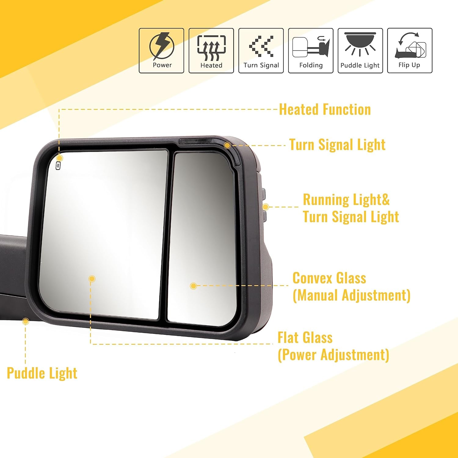 Dynamic Towing Mirrors Compatible with 2002-2008 Dodge Ram 1500, 2003-2009 Dodge Ram 2500 3500 with New Pattern Power Glass Heated Turn Signal Running Light Puddle Lamp Flipup Pair Set