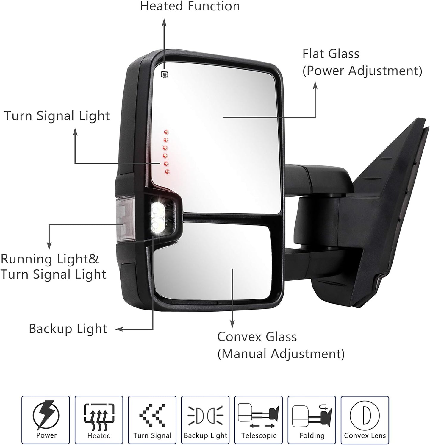 Switchback Towing Mirror for Silverado Sierra - 2007-2013 Chevy Silverado GMC Sierra Tow Mirror with Power Adjusted Heated Glass Running Light Turn Signal Light Backup Lamp Chrome