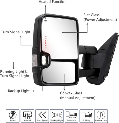 Switchback Towing Mirror for Silverado Sierra - 2007-2013 Chevy Silverado GMC Sierra Tow Mirror with Power Adjusted Heated Glass Running Light Turn Signal Light Backup Lamp Chrome