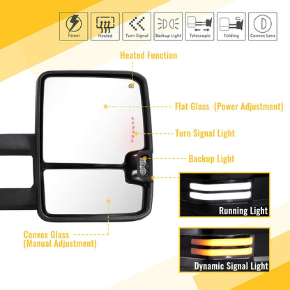 Towing Mirrors Painted Black Switchback Dynamic Turn Light Compatible with 2003-2007 Chevy Silverado GMC Sierra Yukon with Running Lights Power Glass Backup Lamp Heated Set(Black Painted 8555)